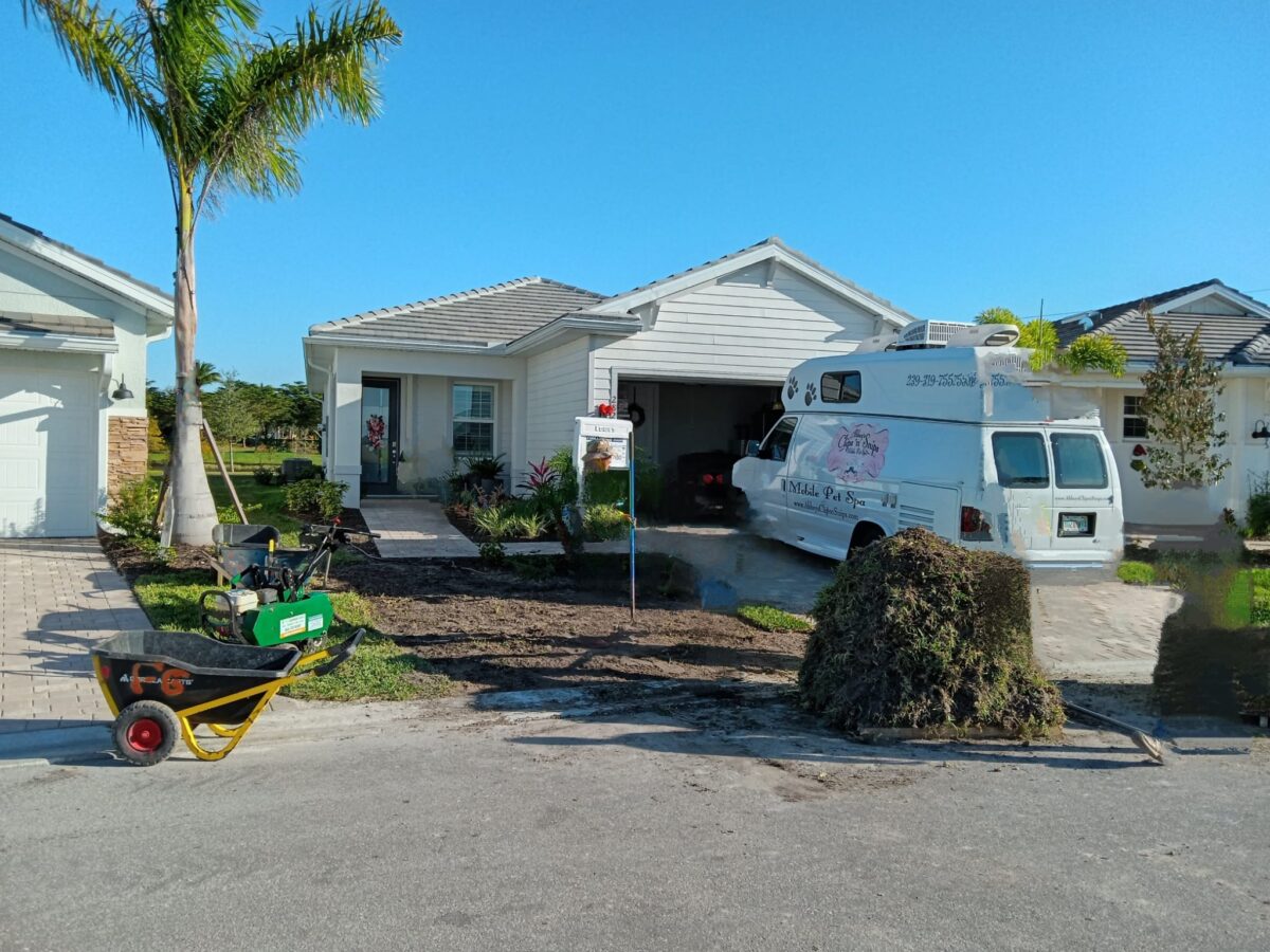 pallets of sod in front of house